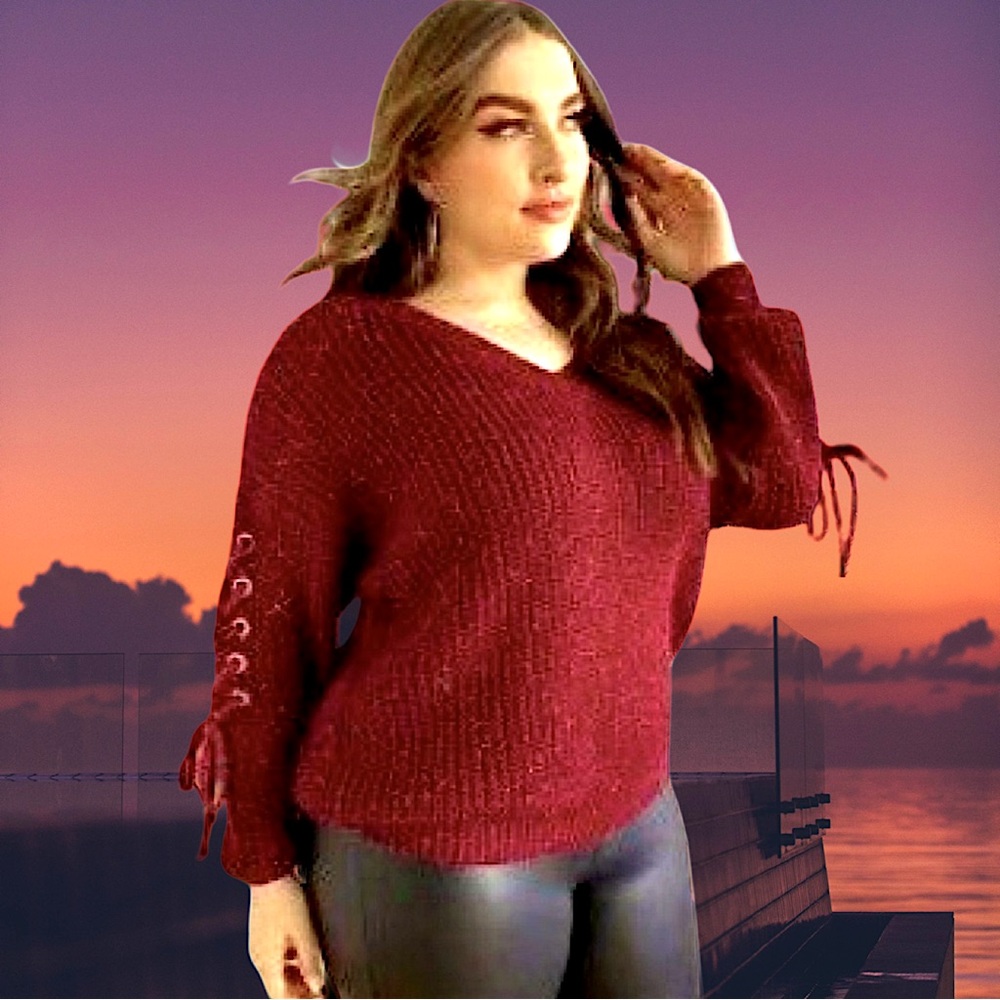 🆕Boutique Women’s plus-size Red Speckled Ribbed Chunky Knit V-neck Sweater❤️❤️3X